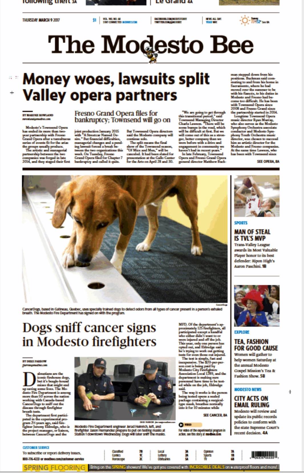 We were featured in the media for our contribution of sheet metal components for a cancer-sniffing dog training program.